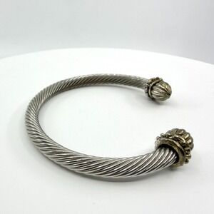 Silver Tone Twisted Cable Cuff Bracelet with Ornate End Caps